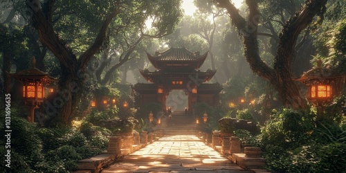 Serenity of the Ancient Temple: A Peaceful Forest in Fantasy China, Generative AI