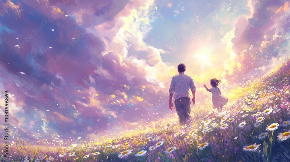 A serene scene of a parent and child walking through a flower-filled landscape at sunset. A serene scene of a parent and child walking through a flower-filled landscape at sunset.