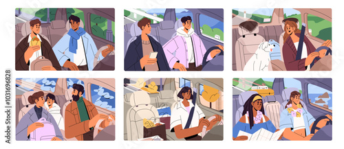 People drive car set. Happy drivers and passengers inside automobile. Couples, friends ride to journey together. Families with kids and pets travel, go for shopping by auto. Flat vector illustrations
