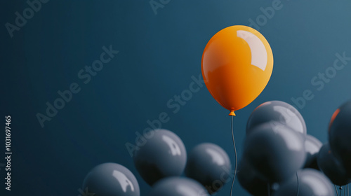 Orange balloon rising above gray balloons on a dark background. Minimalist composition with contrast.