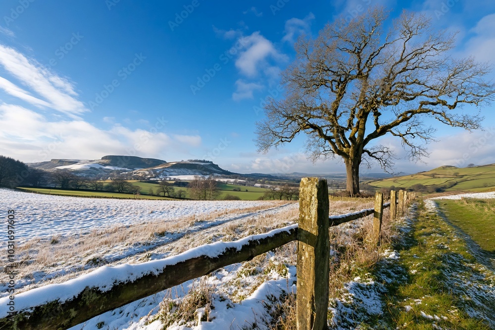 A serene winter landscape with a lone tree and snowy fields. A serene winter landscape with a lone tree and snowy fields.