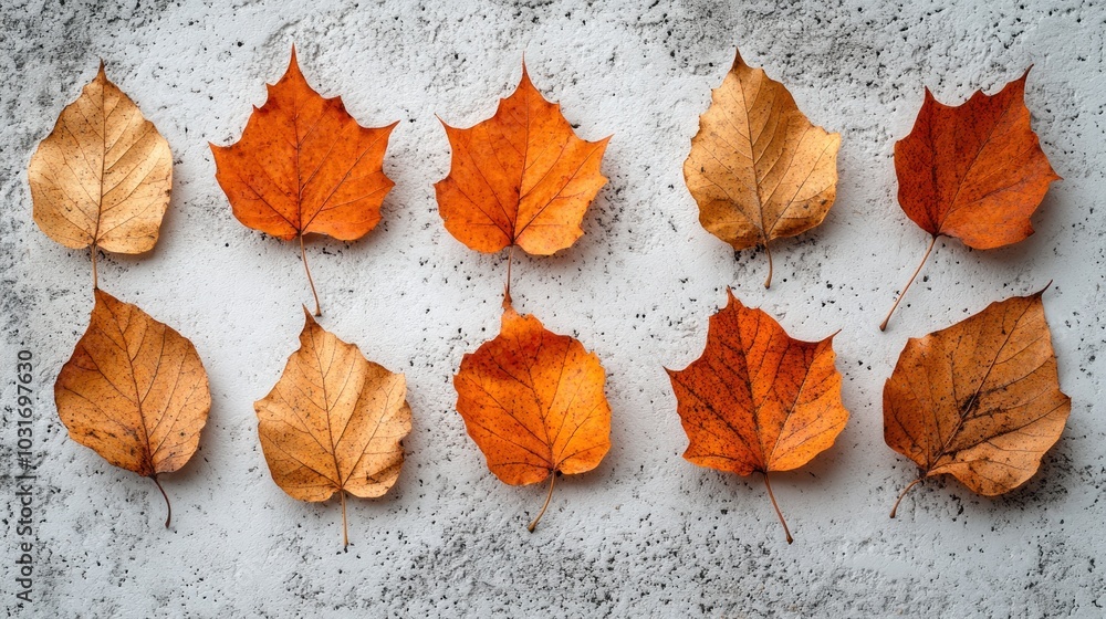 A flat lay of vibrant orange autumn leaves on a textured surface. A flat lay of vibrant orange autumn leaves on a textured surface.