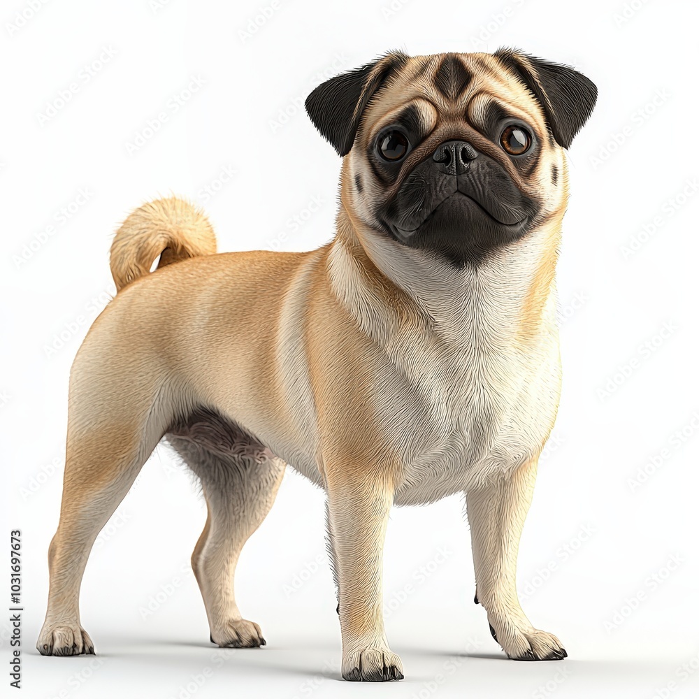 Fototapeta premium Adorable Pug Dog Standing on White Background Pet Portrait Canine Photography