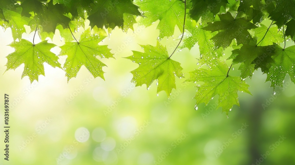 A serene view of green leaves with droplets, evoking a fresh, natural atmosphere. A serene view of green leaves with droplets, evoking a fresh, natural atmosphere.