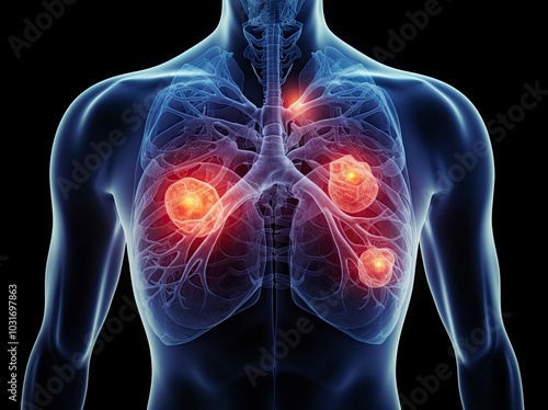 Medical illustration of pneumoconiosis and moyamoya disease affecting human chest lungs, cancer spreading. Internal anatomical structure, myocardial area, glowing red 'Cancer' symbol, medical concept. photo