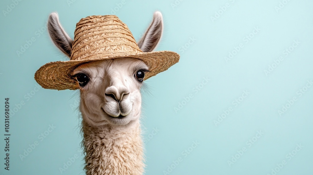 Naklejka premium A llama wearing a straw hat against a light blue background, showcasing a playful vibe.