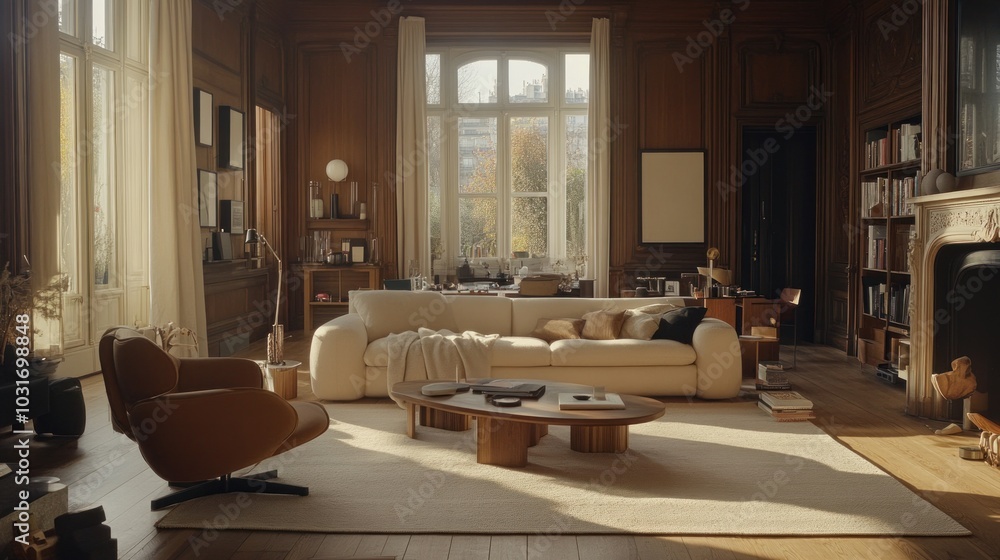 A Luxurious Living Room with a White Sofa and an Oval Coffee Table A Luxurious Living Room with a White Sofa and an Oval Coffee Table