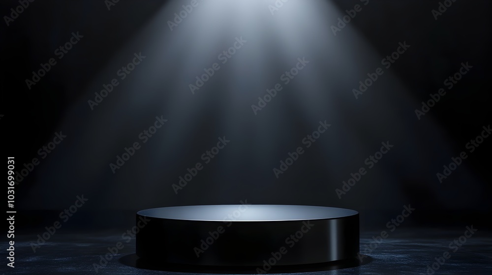 Dramatic Glossy Black Podium with Spotlight in Moody Background for Product Display Dramatic Glossy Black Podium with Spotlight in Moody Background for Product Display