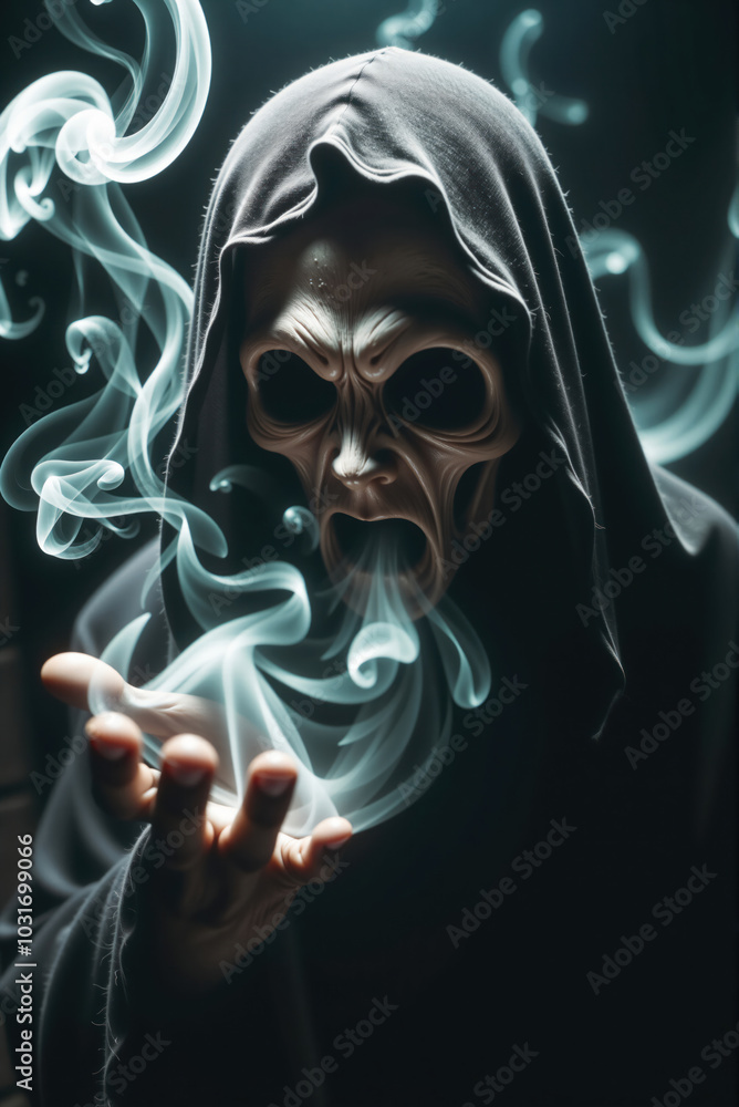 Scary figure wearing hood and mask conjuring smoke from hand Scary figure wearing hood and mask conjuring smoke from hand