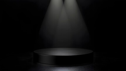 Glossy Black Podium in Dramatic Moody Lighting for Product Display Concept