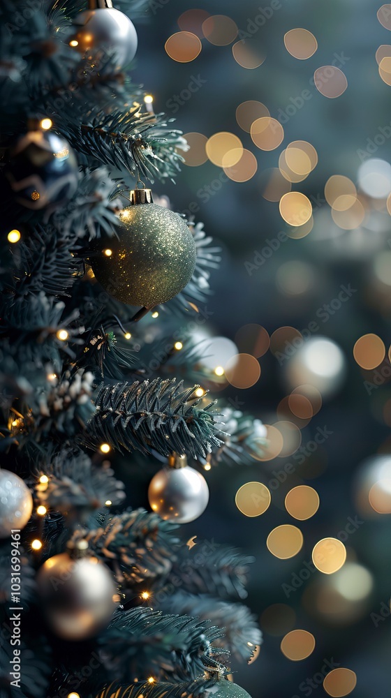 Christmas Tree With Baubles And Blurred Shiny Lights, Christmas Background, New Year's eve Christmas Tree With Baubles And Blurred Shiny Lights, Christmas Background, New Year's eve