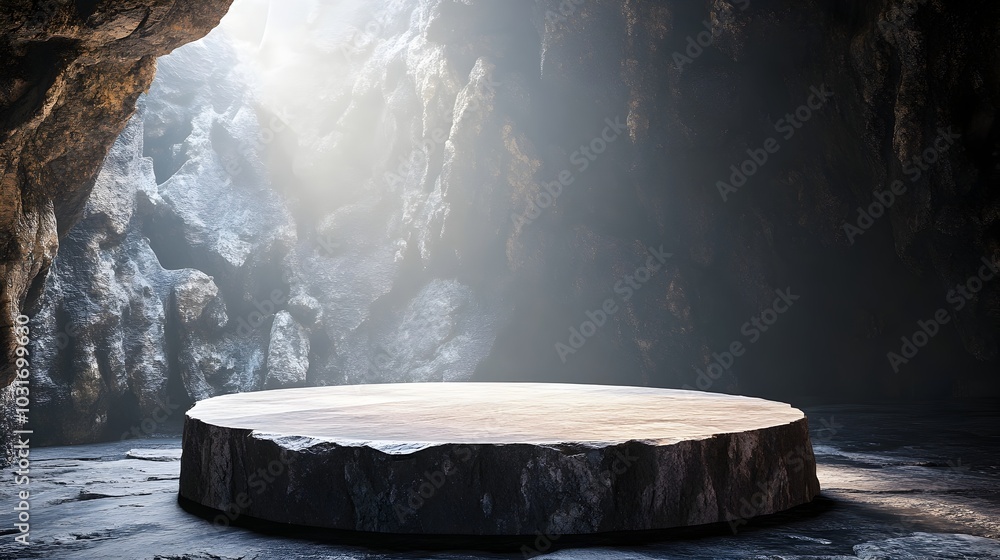 Dramatic Stone Podium in Captivating Natural Cave Setting with Soft Lighting for Product Display Concept Dramatic Stone Podium in Captivating Natural Cave Setting with Soft Lighting for Product Display Concept