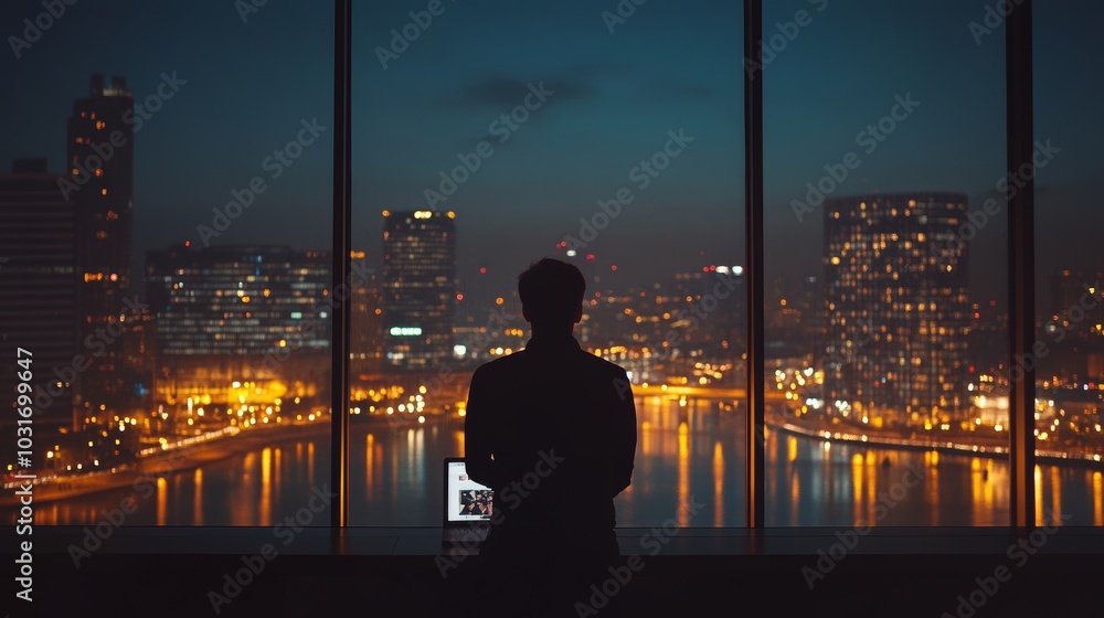 Man Looking Out Window at Cityscape at Night Man Looking Out Window at Cityscape at Night