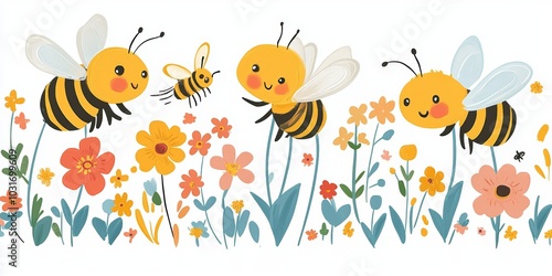 Bees actively pollinating and aiding in the growth of plants. Bees are depicted buzzing around colorful flowers, collecting pollen and nectar, Generative AI