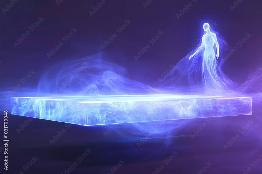 Floating holographic podium, translucent ghostly figure hovering beside, blurry digital Halloween landscape, Holographic, Scifi, Blue and purple hues Floating holographic podium, translucent ghostly figure hovering beside, blurry digital Halloween landscape, Holographic, Scifi, Blue and purple hues