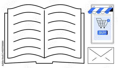 Open book with lines representing text, a smartphone with a shopping cart and buy button, and an envelope icon. Ideal for online shopping, e-books, digital marketing, e-commerce, online learning