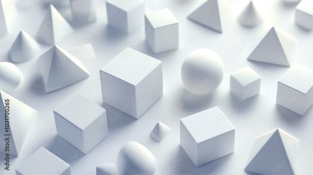 A white background with scattered geometric shapes in a variety of sizes, including spheres, cubes, cones, pyramids, and rectangles. A white background with scattered geometric shapes in a variety of sizes, including spheres, cubes, cones, pyramids, and rectangles.