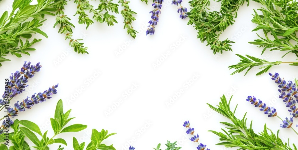 A collection of fresh herbs and lavender arranged on a white background. A collection of fresh herbs and lavender arranged on a white background.