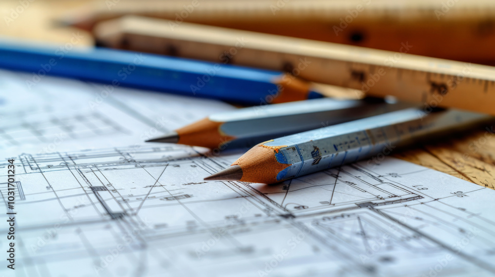 Creating detailed architectural plans requires precision and right tools. This showcases drafting pencils and ruler on blueprints, emphasizing importance of accuracy in design Creating detailed architectural plans requires precision and right tools. This showcases drafting pencils and ruler on blueprints, emphasizing importance of accuracy in design