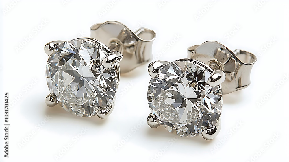 Diamond Stud Earrings Silver Close Up Isolated on White Background Diamond Stud Earrings Silver Close Up Isolated on White Background