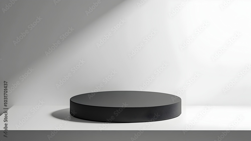 Fototapeta premium Minimalist Circular Podium with Matte Black Finish on Contrasting White Background