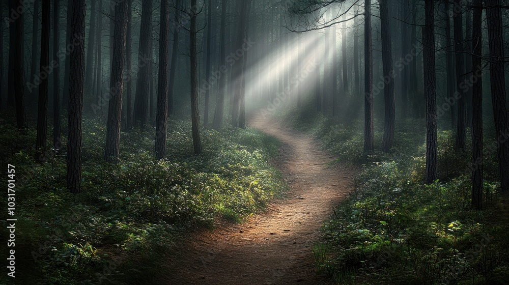 A serene forest path illuminated by beams of light, inviting exploration and tranquility. A serene forest path illuminated by beams of light, inviting exploration and tranquility.
