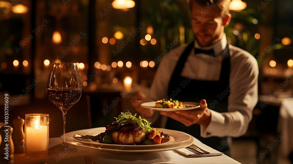 A Finely Dressed Waiter Presenting a Beautifully Plated Gourmet Dish in a Candlelit Fine Dining Restaurant with Soft Music A Finely Dressed Waiter Presenting a Beautifully Plated Gourmet Dish in a Candlelit Fine Dining Restaurant with Soft Music