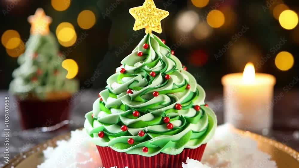 Christmas tree shaped cupcakes on the background of Christmas golden bokeh.Christmas holiday food Christmas tree shaped cupcakes on the background of Christmas golden bokeh.Christmas holiday food