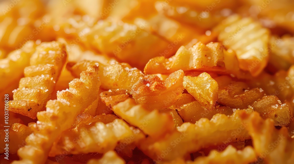 A close-up image of a pile of golden crinkle-cut French fries sprinkled with salt. A close-up image of a pile of golden crinkle-cut French fries sprinkled with salt.
