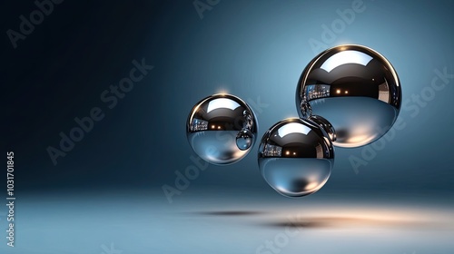 Three Shiny Metallic Spheres Hovering in a Gradient Blue Background