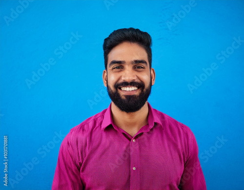 Headshot Portrait of a Smiling Man with Contemporary Style, Isolated on Color Background with Ample Copy Space