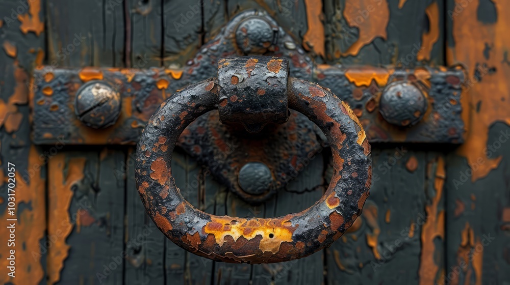 An aged door knocker, heavily weathered and rusted, stands out against a backdrop of peeling paint on an old wooden door, hinting at untold stories and forgotten times An aged door knocker, heavily weathered and rusted, stands out against a backdrop of peeling paint on an old wooden door, hinting at untold stories and forgotten times
