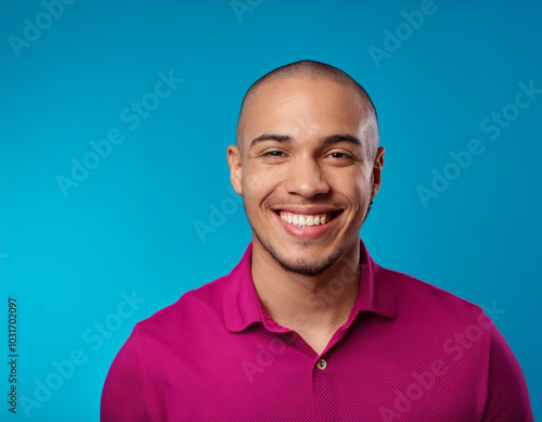 Headshot Portrait of a Smiling Man with Contemporary Style, Isolated on Color Background with Ample Copy Space