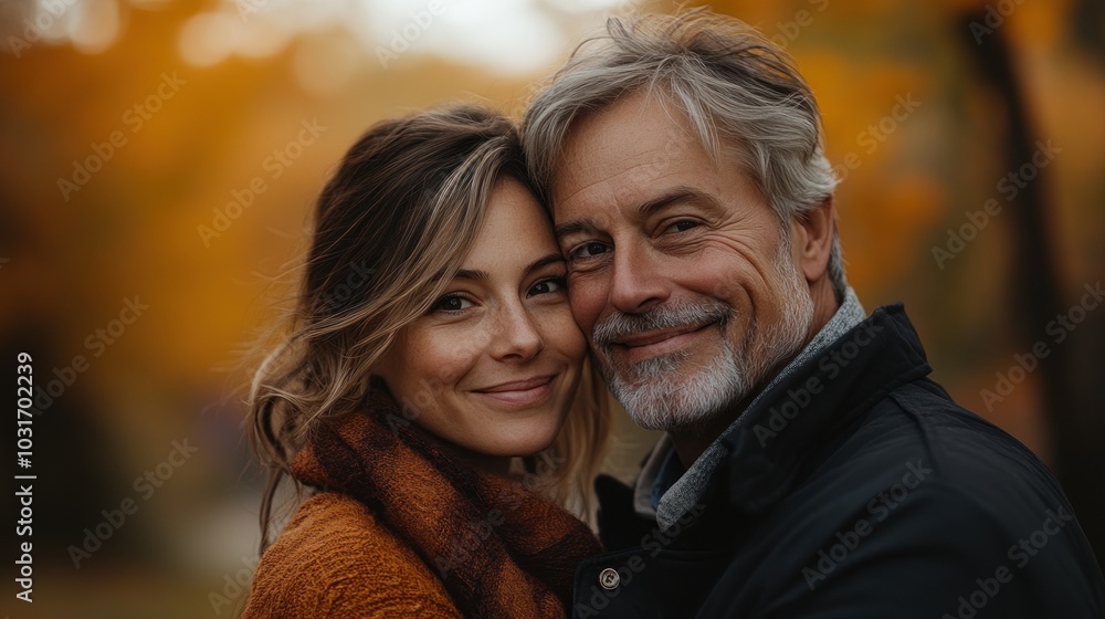 A couple smiling warmly in an autumn setting. A couple smiling warmly in an autumn setting.