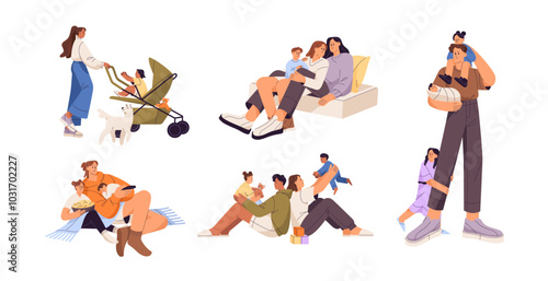 Happy families set. Parents love their kids, spend time together. Mothers and fathers play, have fun with children. Young mom with baby carriage. Flat isolated vector illustrations on white background