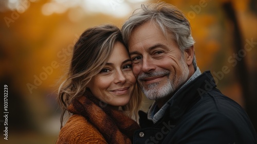 A couple smiling warmly in an autumn setting.