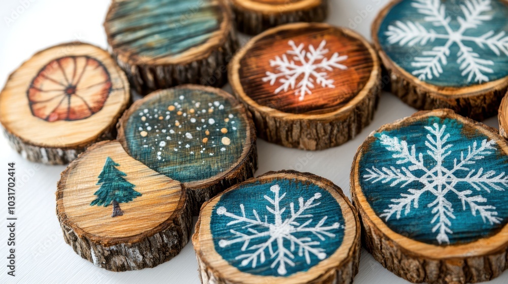 Handcrafted Wooden Coasters with Painted Snowflakes and Trees Handcrafted Wooden Coasters with Painted Snowflakes and Trees