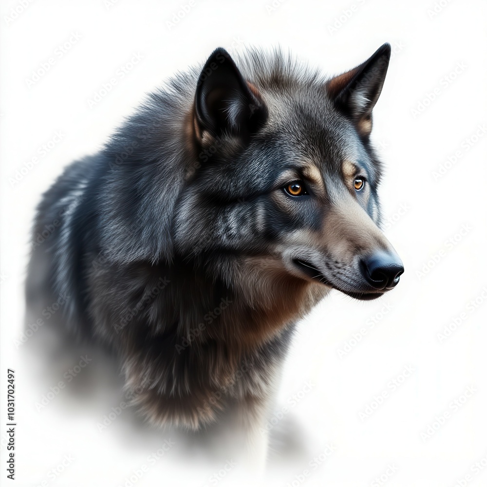 Black wolf portrait, white isolate background Black wolf portrait, white isolate background
