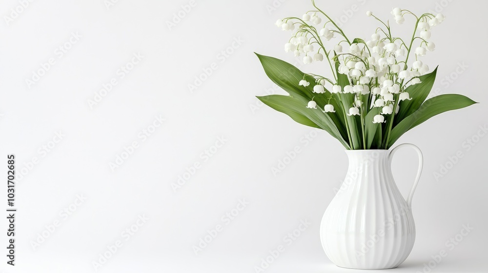 A white vase with a bouquet of lily of the valley flowers on a white background, leaving plenty of copy space. A white vase with a bouquet of lily of the valley flowers on a white background, leaving plenty of copy space.