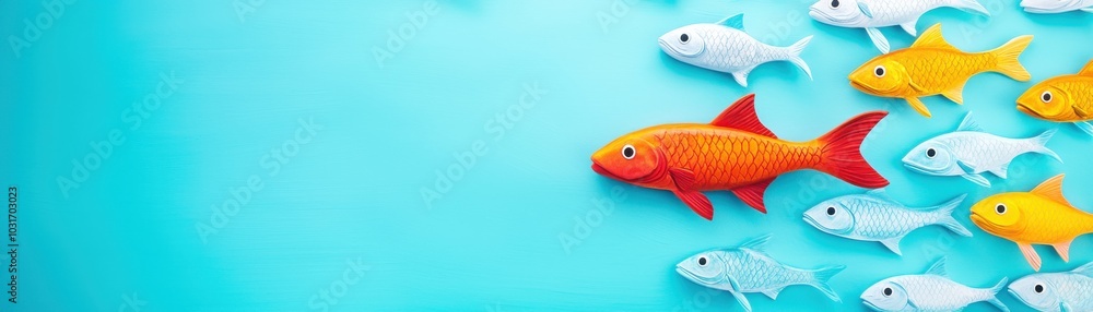Fototapeta premium A vibrant red fish swimming with a school of yellow and white fish against a teal background.