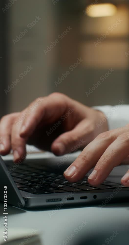 The doctor is typing on a laptop sitting at a table in a medical office, working in a clinic. Close-up of his hands, an unrecognizable person The doctor is typing on a laptop sitting at a table in a medical office, working in a clinic. Close-up of his hands, an unrecognizable person