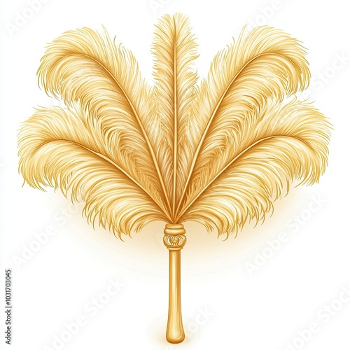 Golden feather fan with ornate handle, Illustration of an elegant golden feather fan with an ornate handle, showcasing intricate design and luxurious style on a white background.

 photo