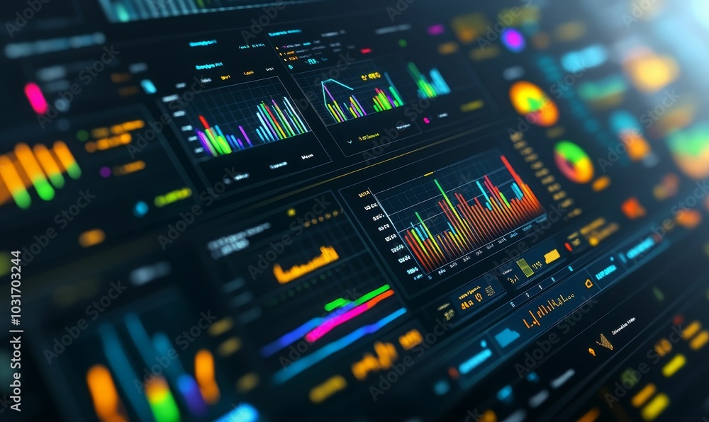 Colorful financial charts on a digital screen. Colorful financial charts on a digital screen.