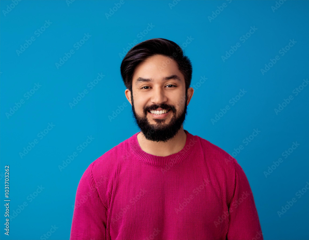 Headshot Portrait of a Smiling Man with Contemporary Style, Isolated on Color Background with Ample Copy Space Headshot Portrait of a Smiling Man with Contemporary Style, Isolated on Color Background with Ample Copy Space