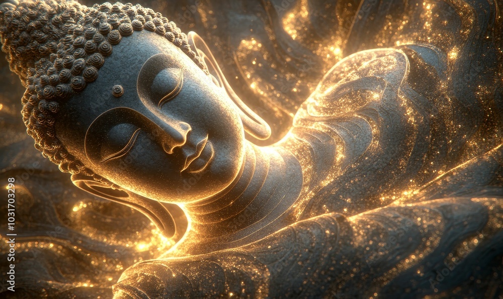 Fototapeta premium Golden Buddha statue glowing in light.