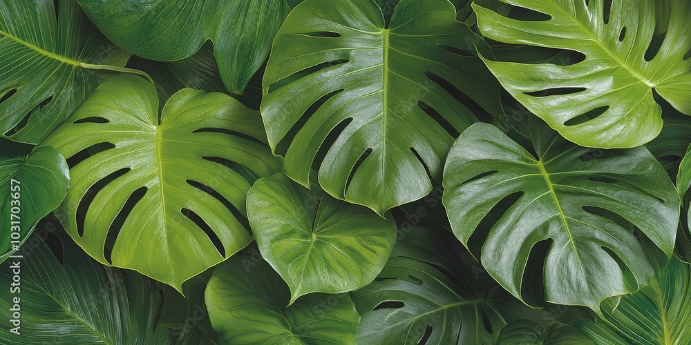 Fototapeta premium Lush Green Monstera Leaves Tropical Background Texture