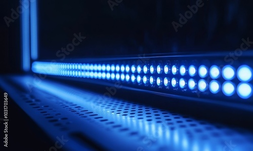 Bright blue LED strip in a dark space.