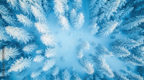 Aerial view of a snow-covered forest, showcasing winter's serene beauty.