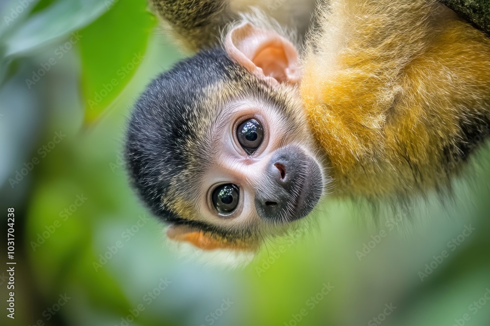 A close-up of a playful young monkey hanging from a branch, showcasing its expressive eyes. A close-up of a playful young monkey hanging from a branch, showcasing its expressive eyes.