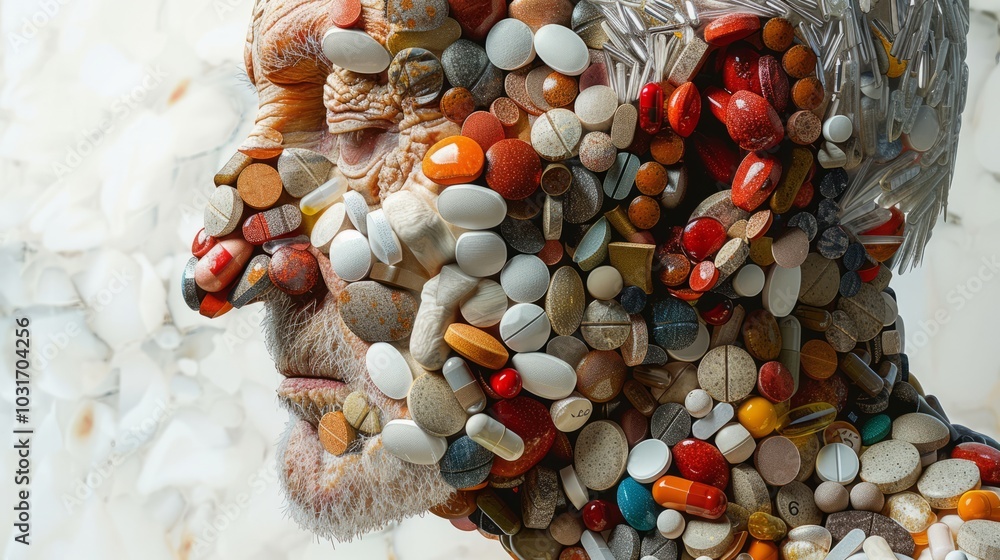 This striking artwork showcases a man's profile adorned with colorful pills and capsules, making a powerful statement on health and identity, and evoking deep emotional reflection This striking artwork showcases a man's profile adorned with colorful pills and capsules, making a powerful statement on health and identity, and evoking deep emotional reflection